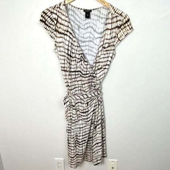 Ann Taylor Animal Print Wrap Dress Midi Belt‎ Tie Waist XS Brown White V-Neck - Picture 11 of 15